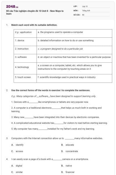80 câu Trắc nghiệm chuyên đề 10 Unit 8 - New Ways to learn