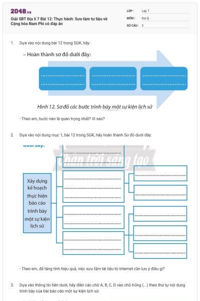Giải SBT Địa lí 7 Bài 12: Thực hành: Sưu tầm tư liệu về Cộng hòa Nam Phi có đáp án