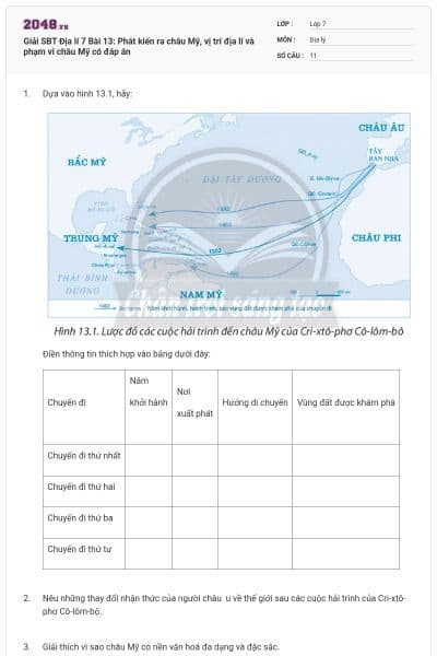 Giải SBT Địa lí 7 Bài 13: Phát kiến ra châu Mỹ, vị trí địa lí và phạm vi châu Mỹ có đáp án