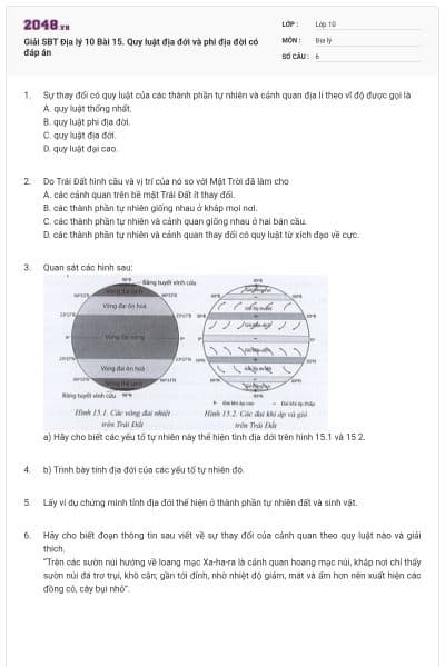 Giải SBT Địa lý 10 Bài 15. Quy luật địa đới và phi địa đời có đáp án