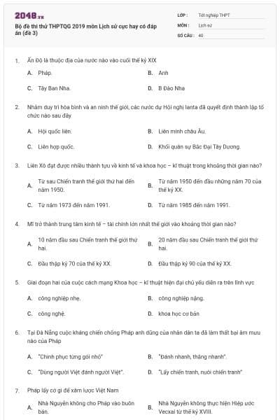 Bộ đề thi thử THPTQG 2019 môn Lịch sử cực hay có đáp án (đề 3)