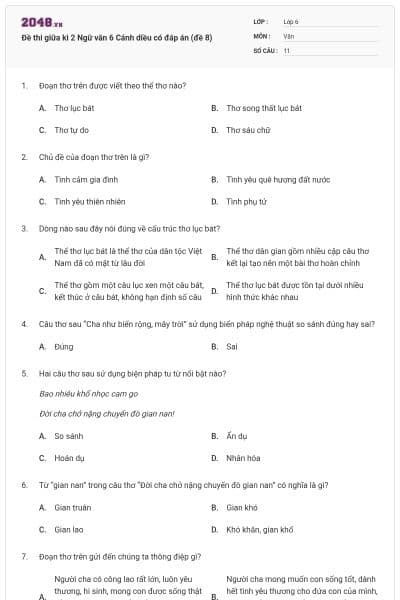 Đề thi giữa kì 2 Ngữ văn 6 Cánh diều có đáp án (đề 8)