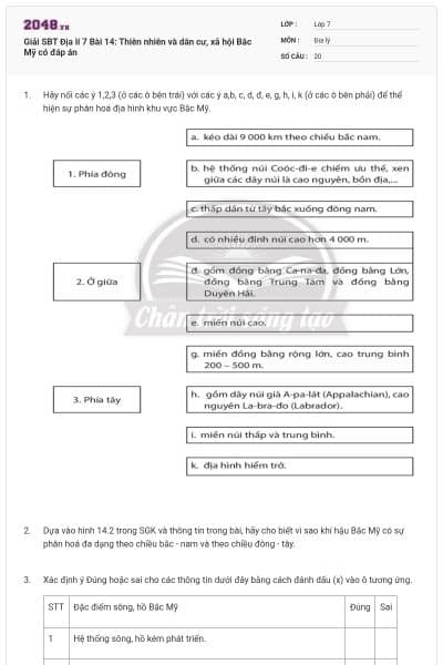 Giải SBT Địa lí 7 Bài 14: Thiên nhiên và dân cư, xã hội Bắc Mỹ có đáp án