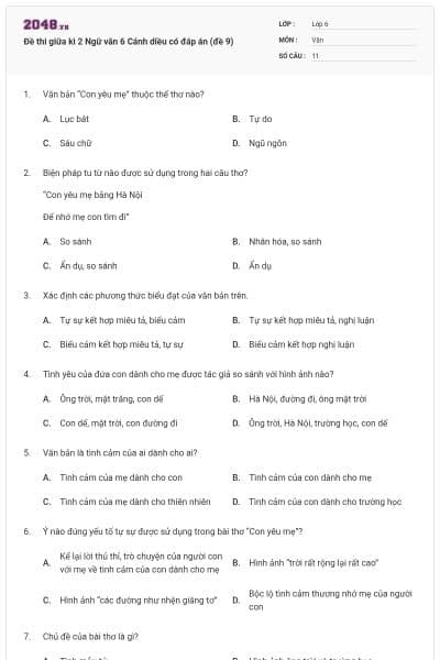 Đề thi giữa kì 2 Ngữ văn 6 Cánh diều có đáp án (đề 9)