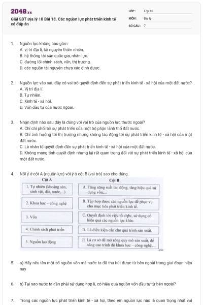 Giải SBT Địa lý 10 Bài 18. Các nguồn lực phát triển kinh tế có đáp án