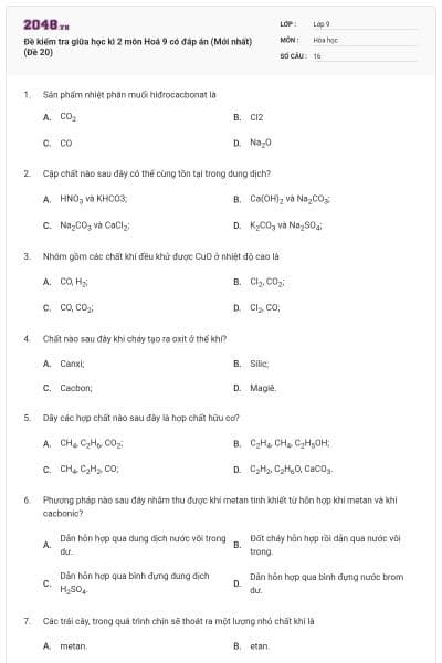 Đề kiểm tra giữa học kì 2 môn Hoá 9 có đáp án (Mới nhất) (Đề 20)