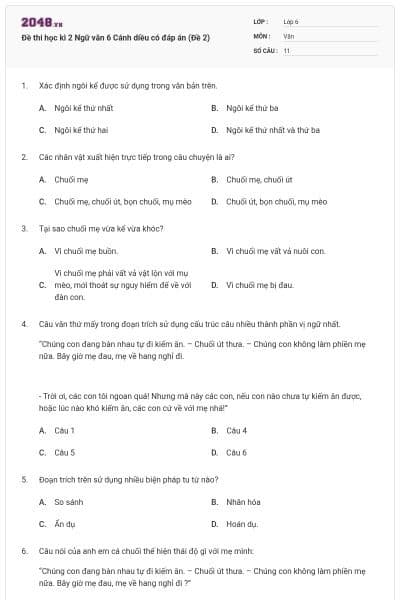 Đề thi học kì 2 Ngữ văn 6 Cánh diều có đáp án (Đề 2)