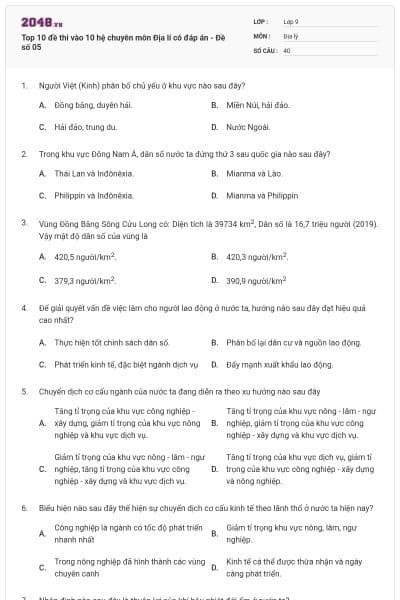 Top 10 đề thi vào 10 hệ chuyên môn Địa lí có đáp án - Đề số 05