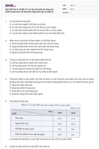 Giải SBT Địa lý 10 Bài 19. Cơ cấu nền kinh tế, tổng sản phẩm trong nước Và tổng thu nhập quốc gia có đáp án