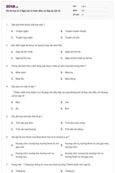 Đề thi học kì 2 Ngữ văn 6 Cánh diều có đáp án (Đề 4)