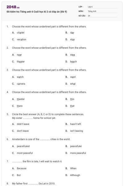 Đề kiểm tra Tiếng anh 6 Cuối học kì 2 có đáp án (Đề 9)