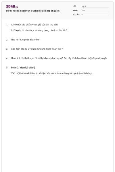 Đề thi học kì 2 Ngữ văn 6 Cánh diều có đáp án (Đề 5)