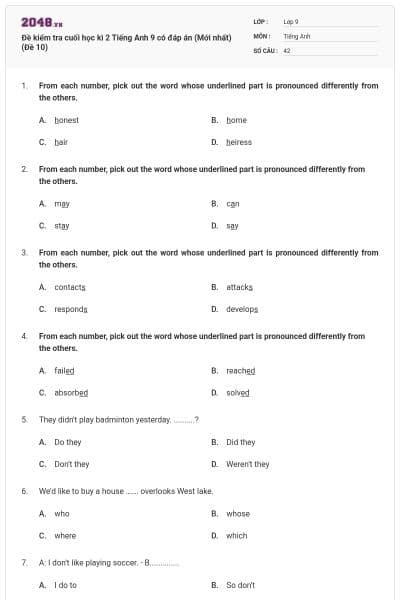 Đề kiểm tra cuối học kì 2 Tiếng Anh 9 có đáp án (Mới nhất) (Đề 10)