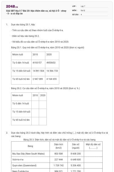 Giải SBT Địa lí 7 Bài 20: Đặc điểm dân cư, xã hội ở Ô - xtray - li - a có đáp án