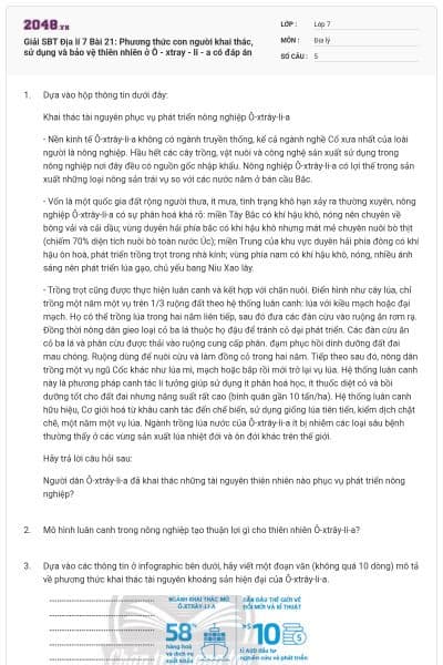 Giải SBT Địa lí 7 Bài 21: Phương thức con người khai thác, sử dụng và bảo vệ thiên nhiên ở Ô - xtray - li - a có đáp án