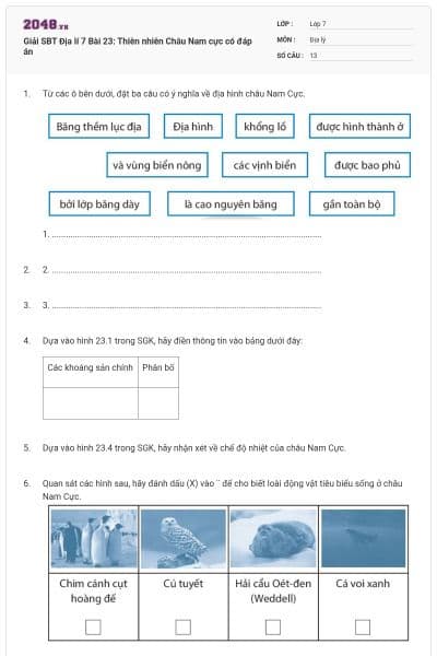 Giải SBT Địa lí 7 Bài 23: Thiên nhiên Châu Nam cực có đáp án