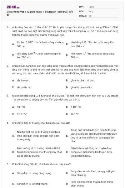 Đề kiểm tra Vật lí 12 giữa học kì 1 có đáp án (Mới nhất) (Đề 5)