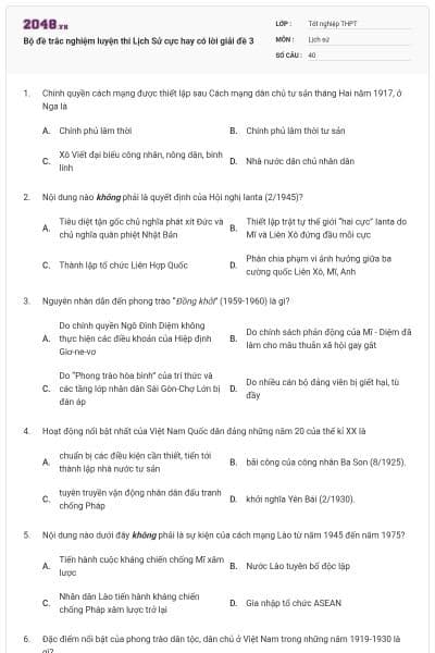 Bộ đề trắc nghiệm luyện thi Lịch Sử cực hay có lời giải đề 3