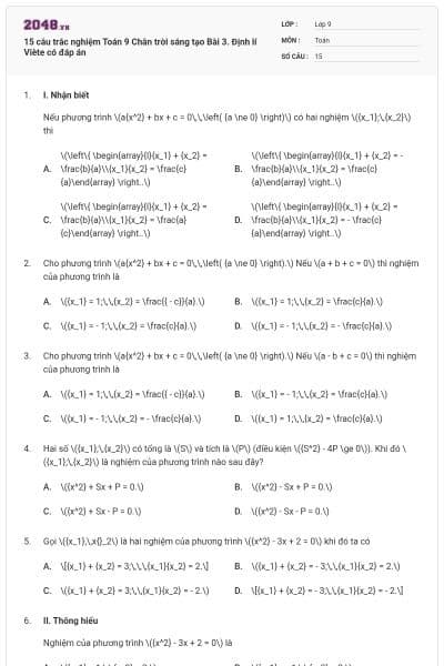 15 câu trắc nghiệm Toán 9 Chân trời sáng tạo Bài 3. Định lí Viète có đáp án
