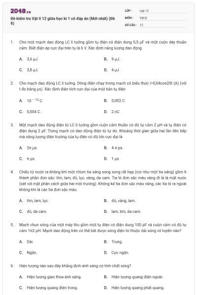 Đề kiểm tra Vật lí 12 giữa học kì 1 có đáp án (Mới nhất) (Đề 6)