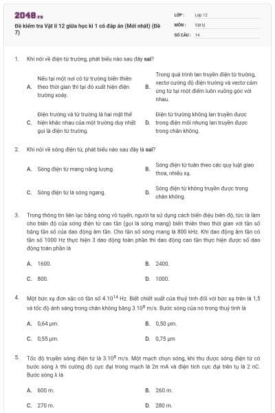 Đề kiểm tra Vật lí 12 giữa học kì 1 có đáp án (Mới nhất) (Đề 7)