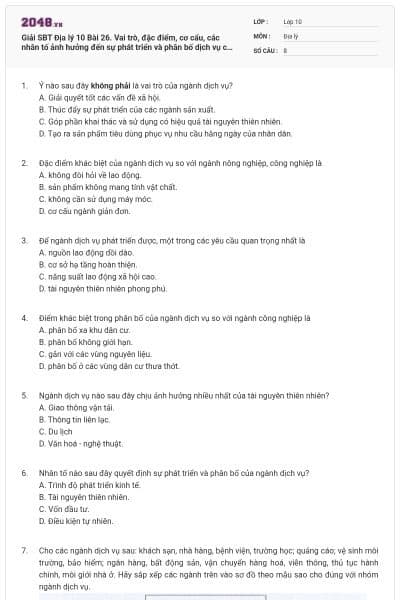 Giải SBT Địa lý 10 Bài 26. Vai trò, đặc điểm, cơ cẩu, các nhân tố ảnh hưởng đến sự phát triển và phân bố dịch vụ có đáp án