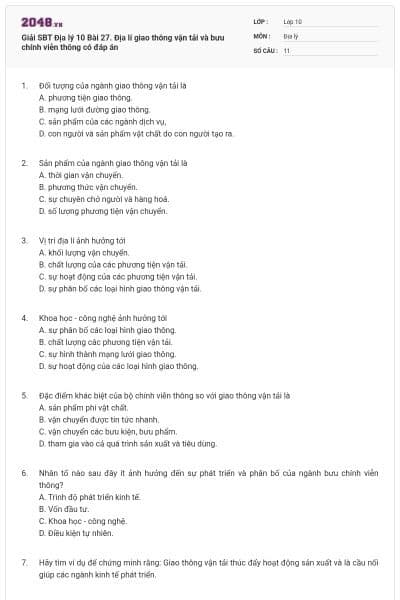 Giải SBT Địa lý 10 Bài 27. Địa lí giao thông vận tải và bưu chính viễn thông có đáp án