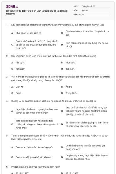 Đề tự luyện thi THPTQG môn Lịch Sử cực hay có lời giải chi tiết (P9)