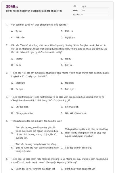 Đề thi học kì 2 Ngữ văn 6 Cánh diều có đáp án (Đề 10)
