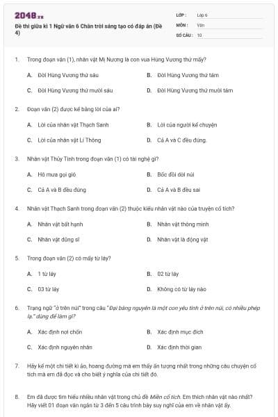 Đề thi giữa kì 1 Ngữ văn 6 Chân trời sáng tạo có đáp án (Đề 4)