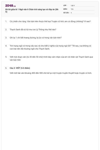 Đề thi giữa kì 1 Ngữ văn 6 Chân trời sáng tạo có đáp án (Đề 5)