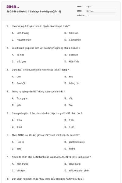 Bộ 20 đề thi Học kì 1 Sinh học 9 có đáp án(Đề 16)
