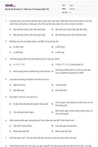 Bộ 20 đề thi Học kì 1 Sinh học 9 có đáp án(Đề 18)