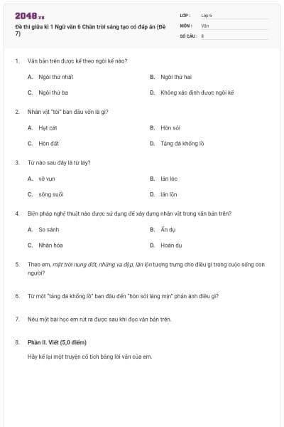 Đề thi giữa kì 1 Ngữ văn 6 Chân trời sáng tạo có đáp án (Đề 7)