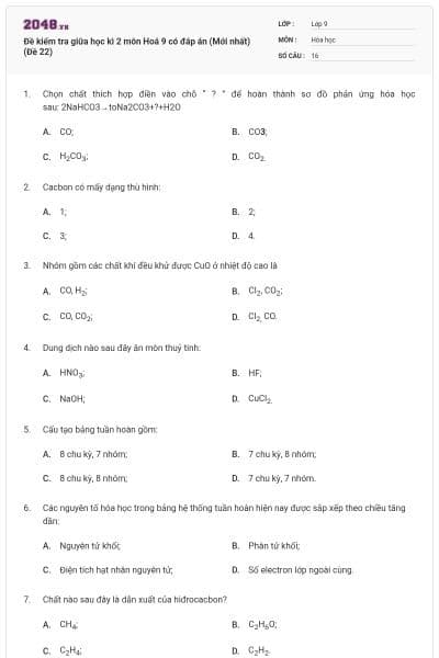 Đề kiểm tra giữa học kì 2 môn Hoá 9 có đáp án (Mới nhất) (Đề 22)
