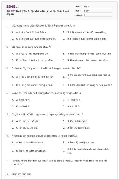 Giải SBT Địa lí 7 Bài 2: Đặc điểm dân cư, xã hội Châu Âu có đáp án