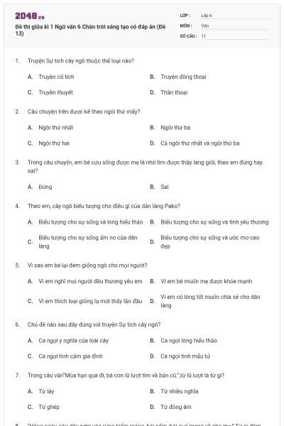Đề thi giữa kì 1 Ngữ văn 6 Chân trời sáng tạo có đáp án (Đề 13)
