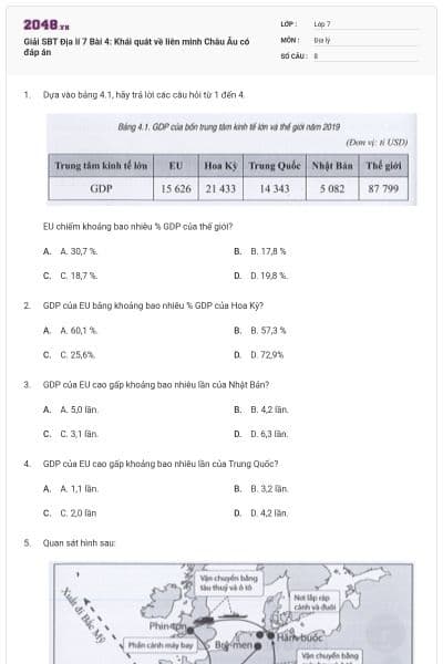 Giải SBT Địa lí 7 Bài 4: Khái quát về liên minh Châu Âu có đáp án