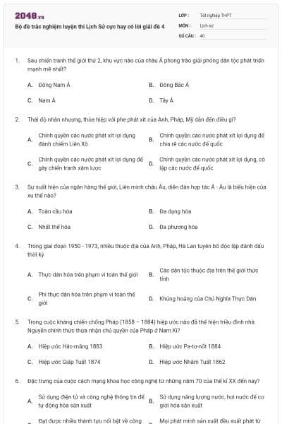 Bộ đề trắc nghiệm luyện thi Lịch Sử cực hay có lời giải đề 4