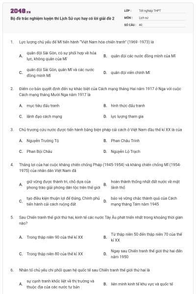 Bộ đề trắc nghiệm luyện thi Lịch Sử cực hay có lời giải đề 2
