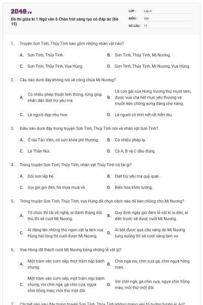 Đề thi giữa kì 1 Ngữ văn 6 Chân trời sáng tạo có đáp án (Đề 15)