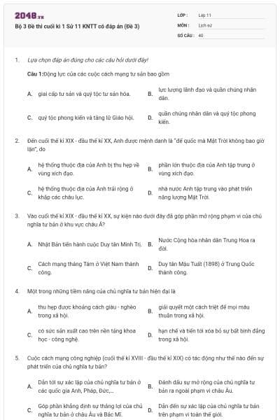 Bộ 3 Đề thi cuối kì 1 Sử 11 KNTT có đáp án (Đề 3)