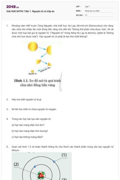 Giải SGK KHTN 7 Bài 1. Nguyên tử có đáp án