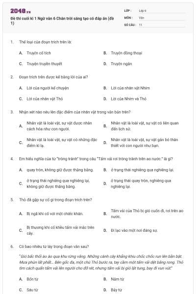 Đề thi cuối kì 1 Ngữ văn 6 Chân trời sáng tạo có đáp án (đề 1)