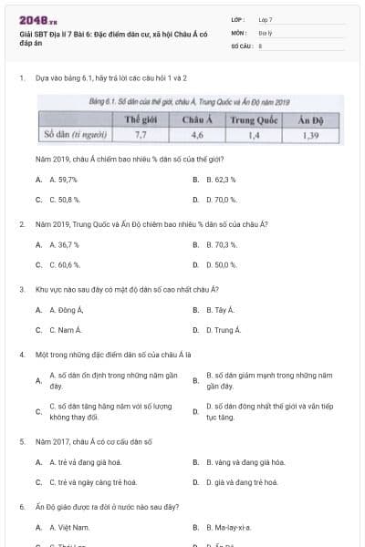 Giải SBT Địa lí 7 Bài 6: Đặc điểm dân cư, xã hội Châu Á có đáp án