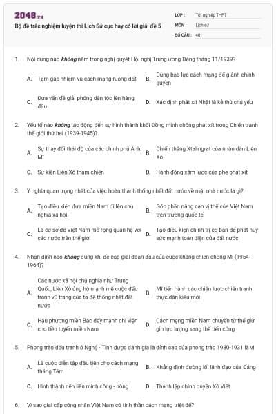 Bộ đề trắc nghiệm luyện thi Lịch Sử cực hay có lời giải đề 5