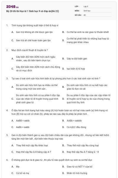 Bộ 20 đề thi Học kì 1 Sinh học 9 có đáp án(Đề 22)