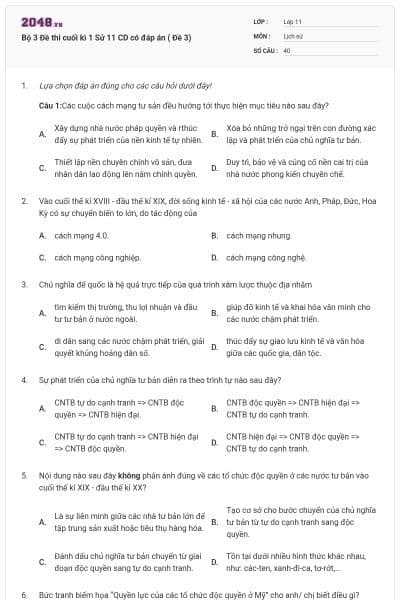 Bộ 3 Đề thi cuối kì 1 Sử 11 CD có đáp án ( Đề 3)