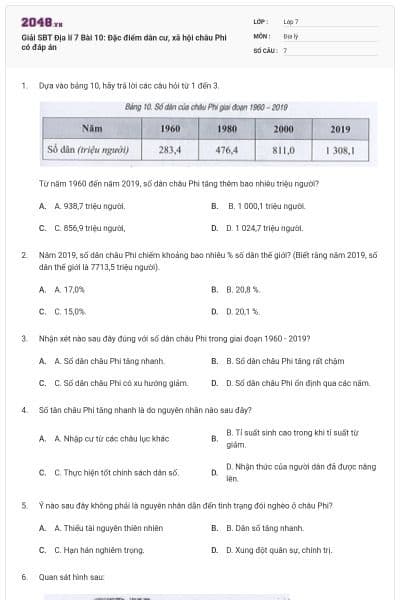 Giải SBT Địa lí 7 Bài 10: Đặc điểm dân cư, xã hội châu Phi có đáp án