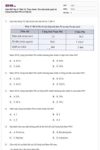 Giải SBT Địa lí 7 Bài 12: Thực hành: Tìm hiểu khái quát về Cộng hòa Nam Phi có đáp án